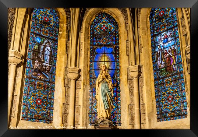 Virgin Mary Lourdes Statue Stained Glass Notre Dame Nice France Framed Print by William Perry