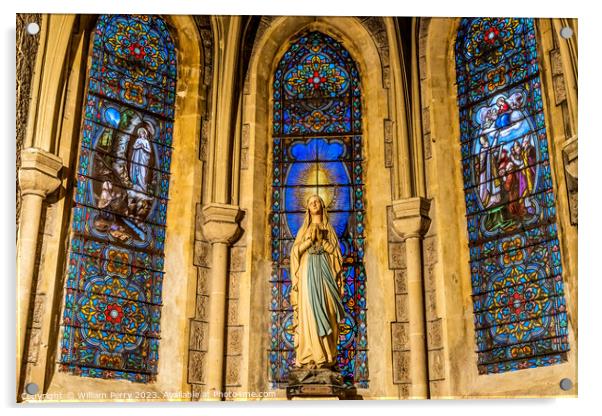 Virgin Mary Lourdes Statue Stained Glass Notre Dame Nice France Acrylic by William Perry