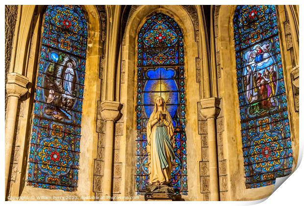 Virgin Mary Lourdes Statue Stained Glass Notre Dame Nice France Print by William Perry