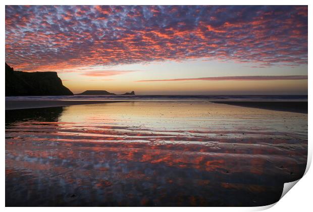Sunset at Rhossili Bay Print by Leighton Collins