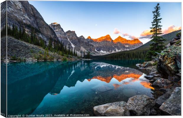 Moraine lake at golden hour. Canvas Print by Gunter Nuyts