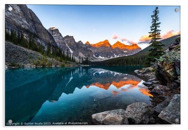 Moraine lake at golden hour. Acrylic by Gunter Nuyts