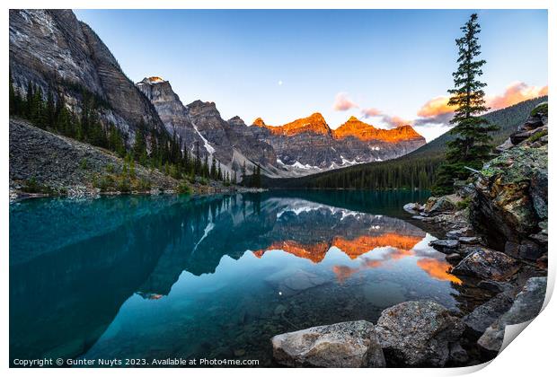 Moraine lake at golden hour. Print by Gunter Nuyts