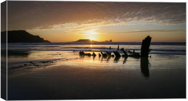 Sunset over Worms Head and the Helvetia Canvas Print by Leighton Collins