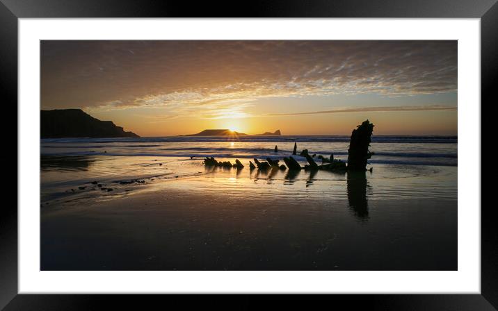 Sunset over Worms Head and the Helvetia Framed Mounted Print by Leighton Collins