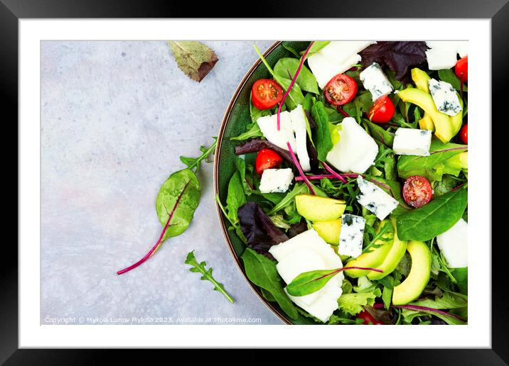 Fresh vegetable salad with greens and mozzarella Framed Mounted Print by Mykola Lunov Mykola
