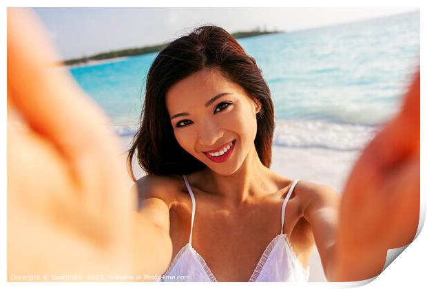 Portrait of beautiful Asian girl smiling by ocean Print by Spotmatik 
