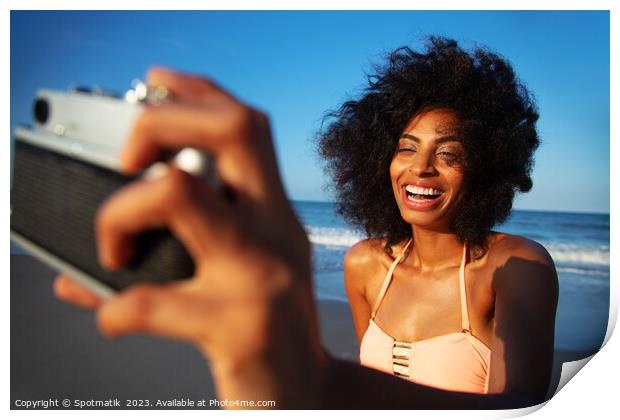 Laughing African American girl taking selfie on beach Print by Spotmatik 