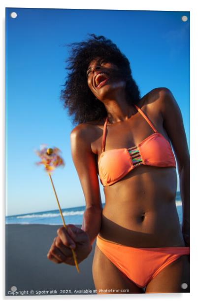 Young African American female having fun on beach Acrylic by Spotmatik 