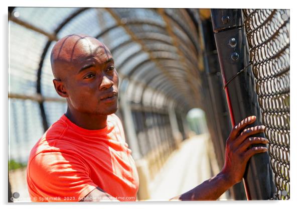 African American male looking though fence after exercising Acrylic by Spotmatik 