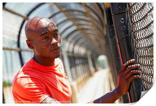 African American male looking though fence after exercising Print by Spotmatik 