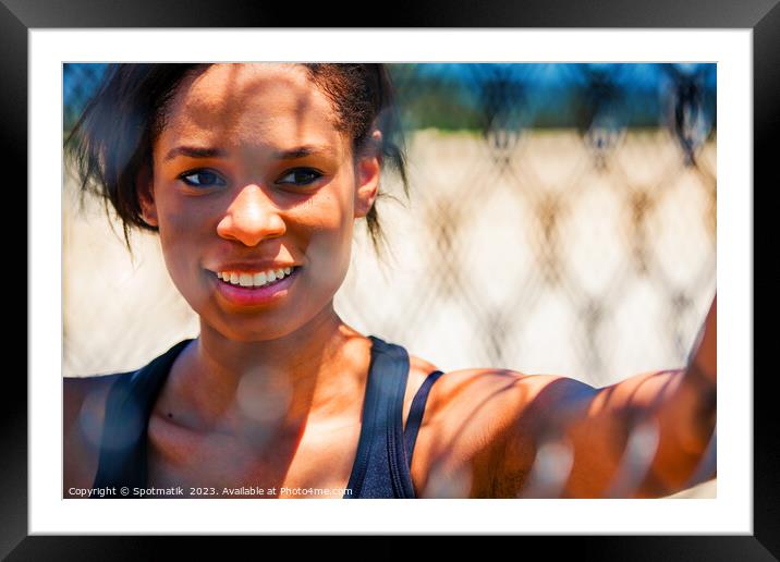 Afro American female smiling after healthy outdoor exercise Framed Mounted Print by Spotmatik 