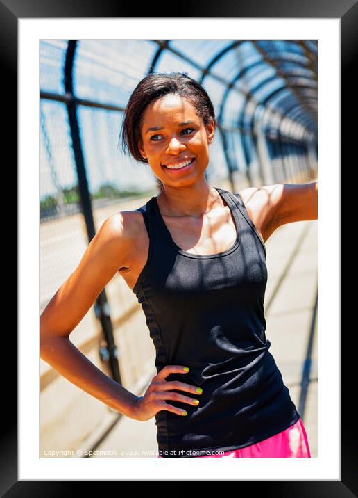 African American female resting on walkway during workout Framed Mounted Print by Spotmatik 