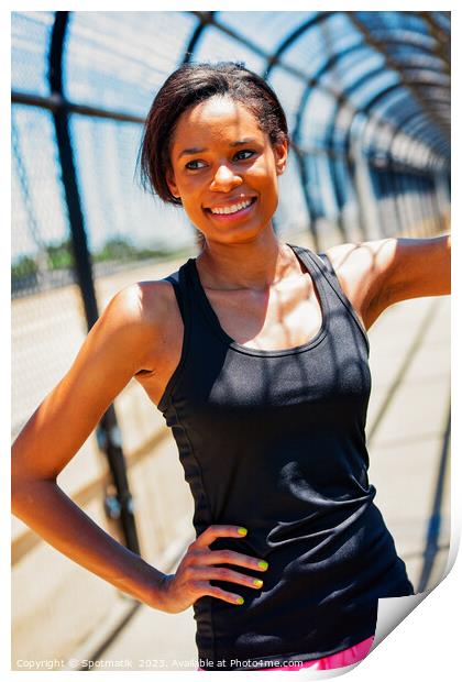 African American female resting on walkway during workout Print by Spotmatik 