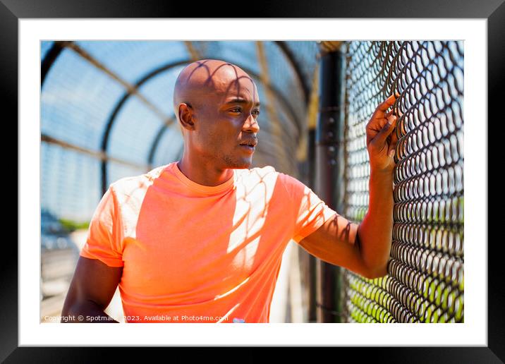 African American male resting against chain link fence Framed Mounted Print by Spotmatik 