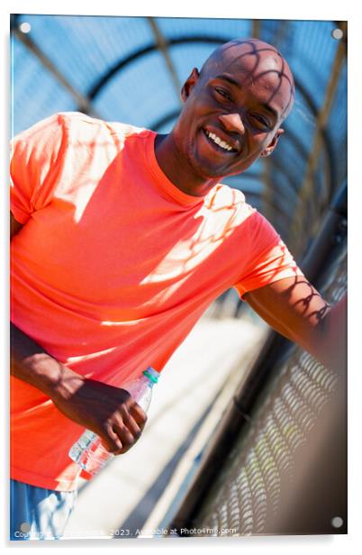 Portrait of African American male with water bottle Acrylic by Spotmatik 