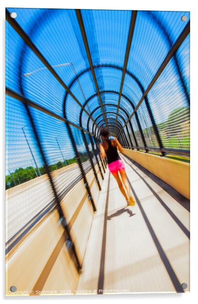 Young Afro American woman running through covered walkway Acrylic by Spotmatik 