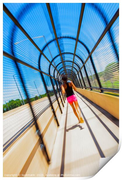 Young Afro American woman running through covered walkway Print by Spotmatik 