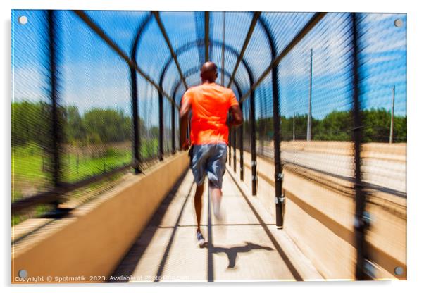 Solo African American man running through covered walkway Acrylic by Spotmatik 