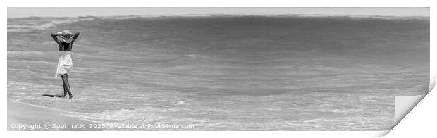 Happy young female walking through waves on beach Print by Spotmatik 