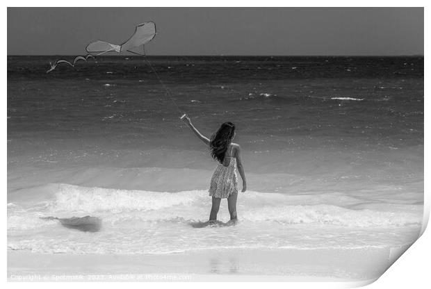 Tropical ocean view with young woman flying kite Print by Spotmatik 