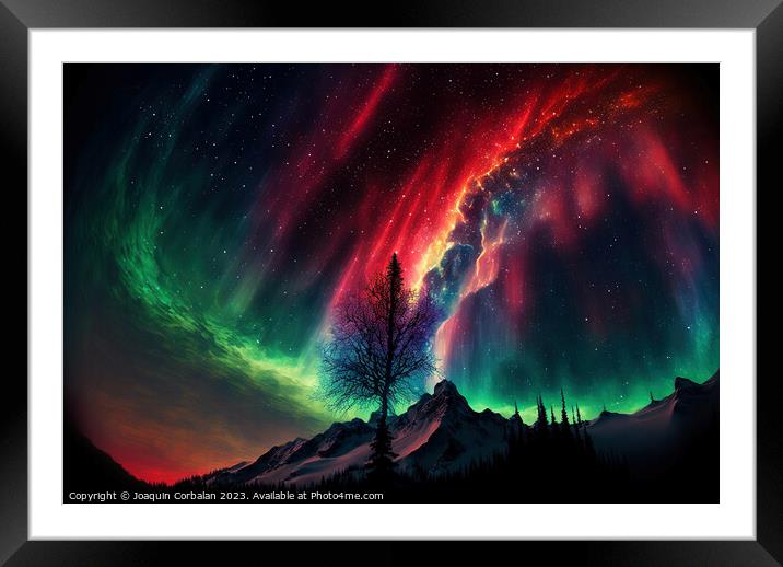 Aurora borealis, illustration, over a Nordic fores Framed Mounted Print by Joaquin Corbalan