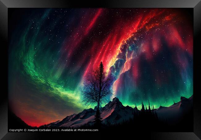 Aurora borealis, illustration, over a Nordic fores Framed Print by Joaquin Corbalan