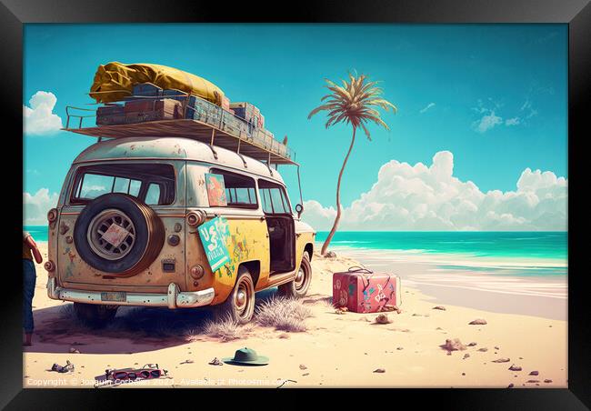 Drawing of an abandoned hippie passenger van on th Framed Print by Joaquin Corbalan
