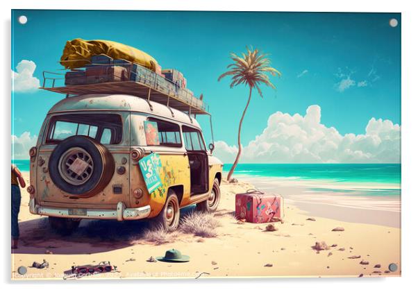 Drawing of an abandoned hippie passenger van on th Acrylic by Joaquin Corbalan