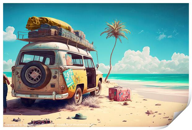 Drawing of an abandoned hippie passenger van on th Print by Joaquin Corbalan