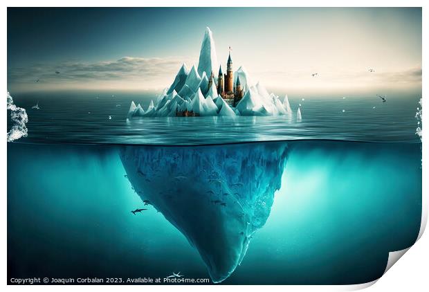 Iceberg with a city on it, painted drawing, surrea Print by Joaquin Corbalan