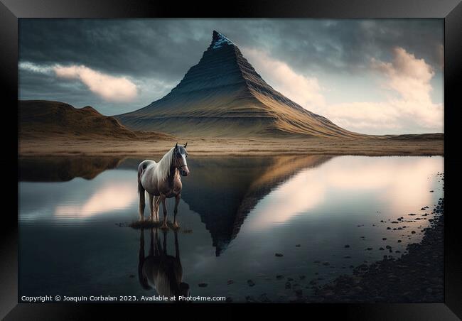 Oil canvas of an Icelandic horse in a lake, next t Framed Print by Joaquin Corbalan