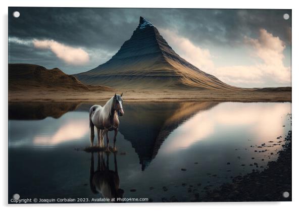 Oil canvas of an Icelandic horse in a lake, next t Acrylic by Joaquin Corbalan
