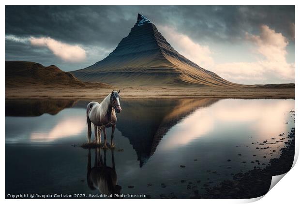Oil canvas of an Icelandic horse in a lake, next t Print by Joaquin Corbalan