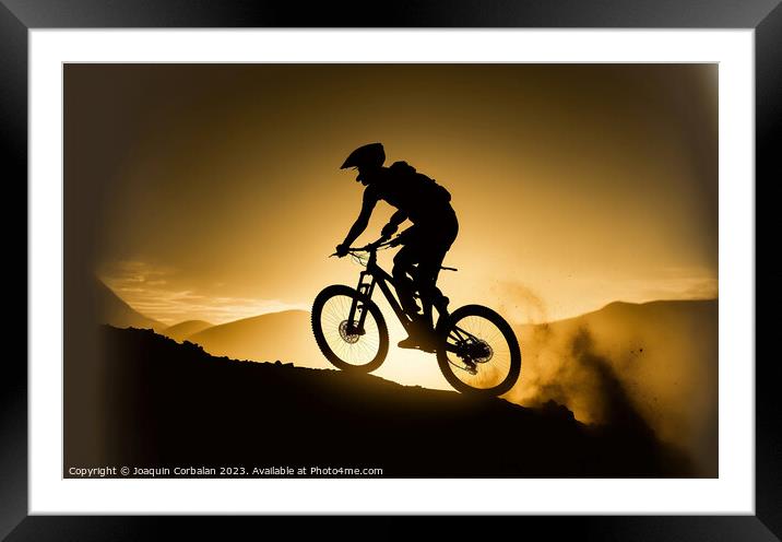 A mountain biker speeding down a ramp, silhouetted Framed Mounted Print by Joaquin Corbalan