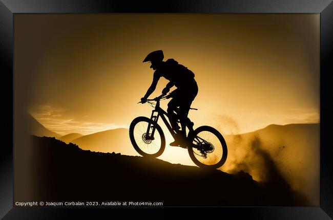 A mountain biker speeding down a ramp, silhouetted Framed Print by Joaquin Corbalan
