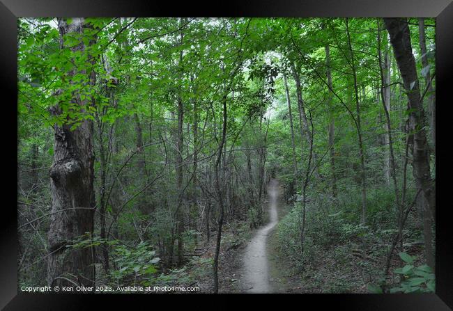 Enchanted Path: Exploring the Hidden Woods Framed Print by Ken Oliver