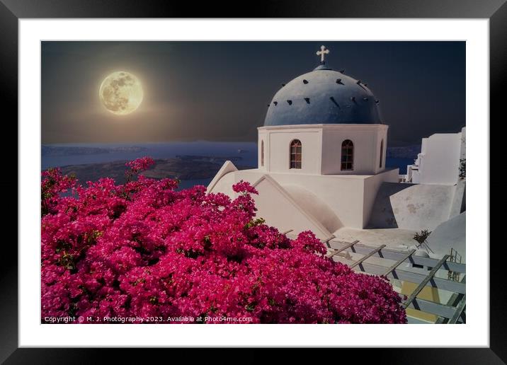 Large Moon over Santorini island in Greece  Framed Mounted Print by M. J. Photography
