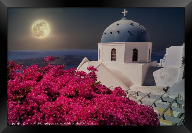 Large Moon over Santorini island in Greece  Framed Print by M. J. Photography