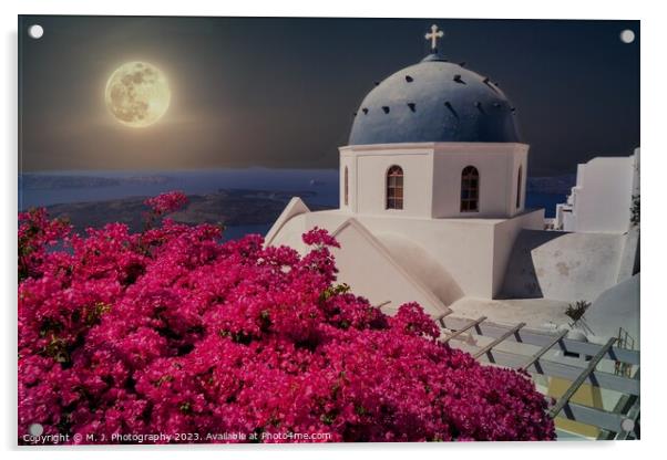 Large Moon over Santorini island in Greece  Acrylic by M. J. Photography