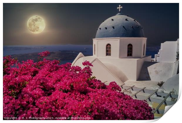 Large Moon over Santorini island in Greece  Print by M. J. Photography