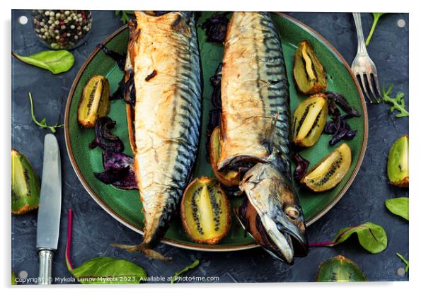 Baked fish, grilled mackerel. Acrylic by Mykola Lunov Mykola