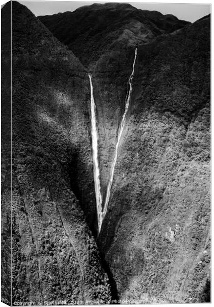 Aerial Molokai valley waterfalls a volcanic Pacific ocean  Canvas Print by Spotmatik 