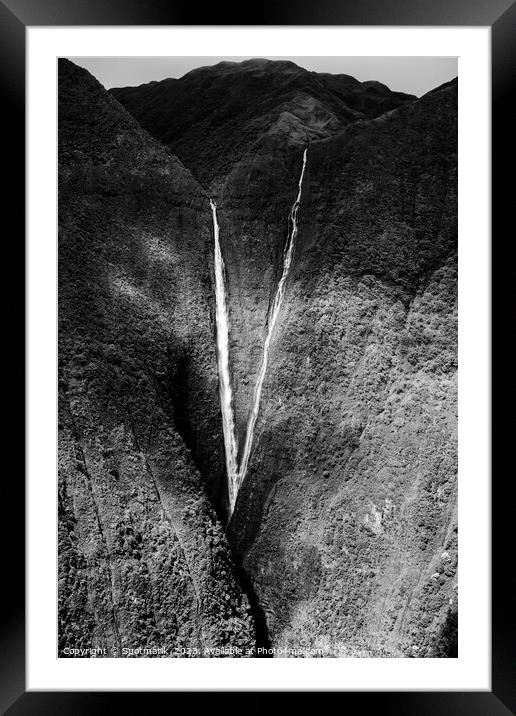 Aerial Molokai valley waterfalls a volcanic Pacific ocean  Framed Mounted Print by Spotmatik 