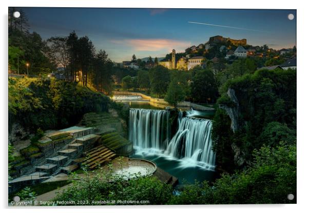 Old town Jajce and big waterfall. Bosnia and Herzegovina. Acrylic by Sergey Fedoskin