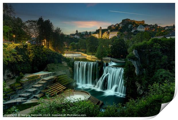 Old town Jajce and big waterfall. Bosnia and Herzegovina. Print by Sergey Fedoskin