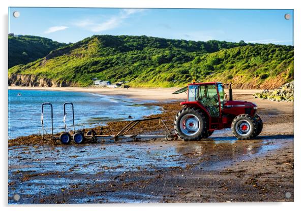 Red Tractor on Runswick Bay Beach Acrylic by Tim Hill