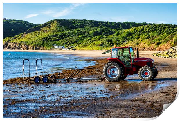 Red Tractor on Runswick Bay Beach Print by Tim Hill