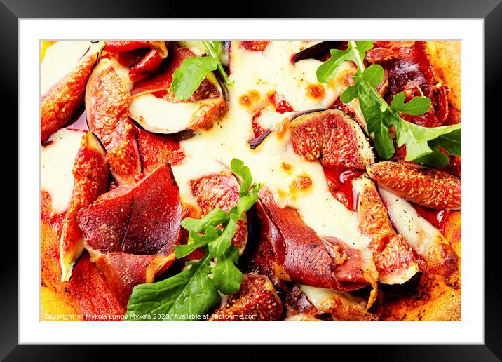 Appetizing pizza with bacon and fruit. Framed Mounted Print by Mykola Lunov Mykola