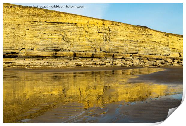 Dunraven Bay Cliffs reflected in the wet sand  Print by Nick Jenkins